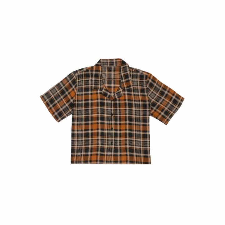 KEMEJA WANITA CROP TOP KOTAK KOTAK KOREAN CASUAL KATUN RAYON CROP SHIRT ORGANIK-CROPTOP Kotak Kuning