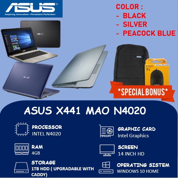 LAPTOP ASUS ASUS X441MAO 4GB 14 INCH WINDOWS 10 HOME BLACK SILVER PEACOCK BLUE