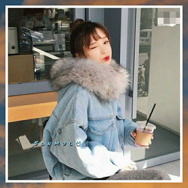 IMPORT PREMIUM WOMAN WINTER DENIM FUR JACKET JAKET WANITA MUSIM DINGIN