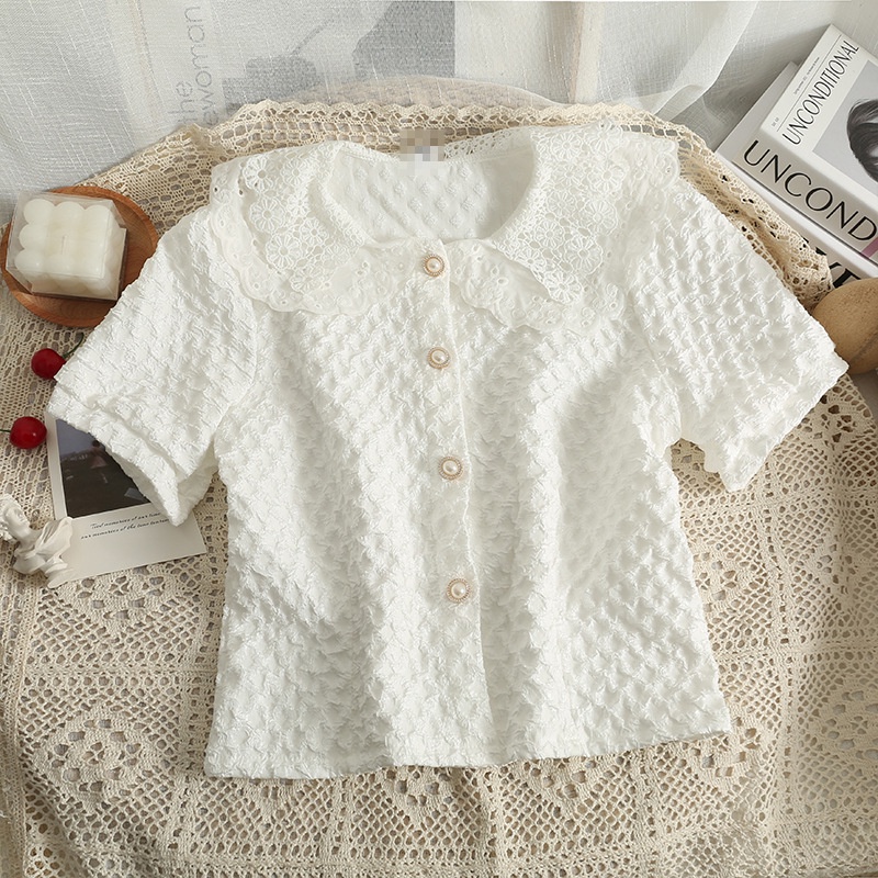 #Sisjuly# Wanita Blok Warna Berongga Boneka Kerah Single Breasted Cardigan Top Wanita Musim Panas Pe