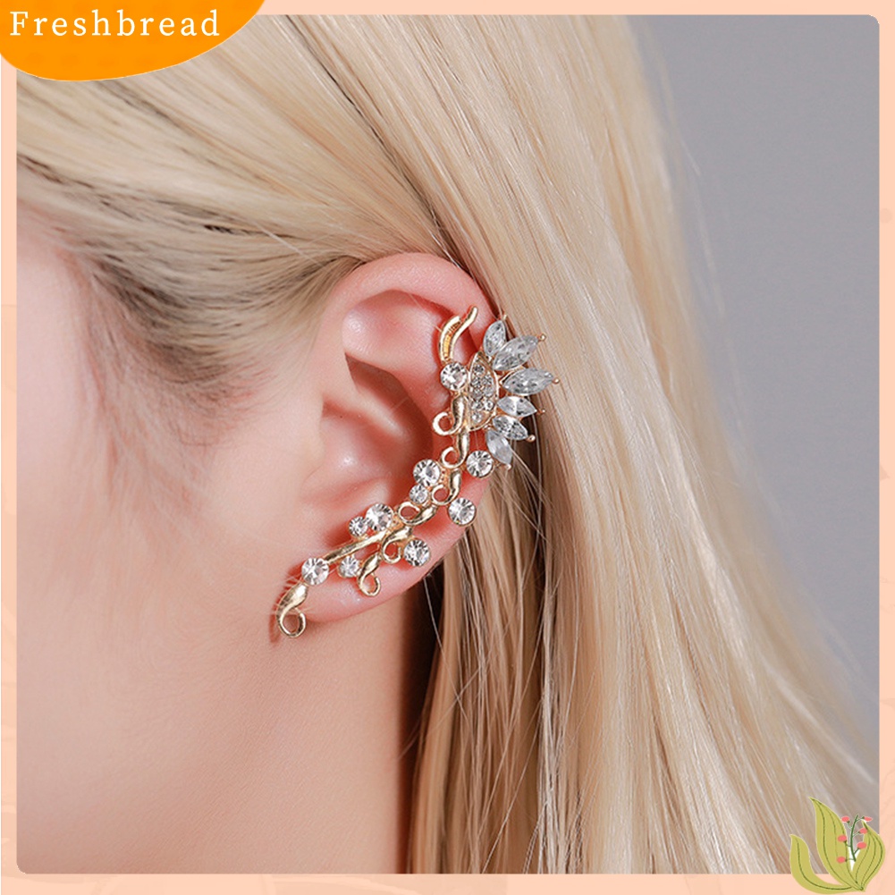 Fresh| 1pc Anting Klip Telinga Wanita Model Bunga Butterfly Helix Hias Berlian Imitasi