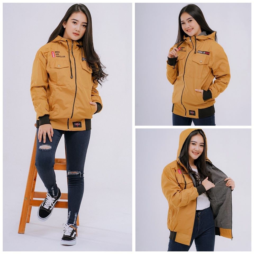 JAKET PARASUT WANITA ANTI AIR TEBAL JACKET BOMBER CEWEK KOREA KEREN OUTDOOR ORIGINAL-SP KUNING