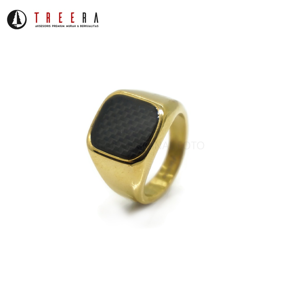 Treera - Cincin Titanium Emas Gold Pria Batu Hitam Carbon Original