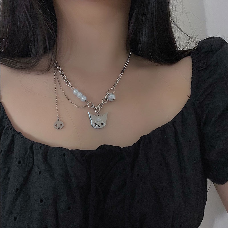 Kuromi Kalung Rantai Banyak Lapis Bahan Titanium Steel Dengan Mutiara Untuk Wanita