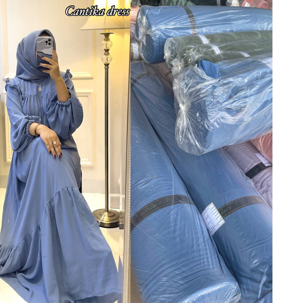 Cantika Dress Wanita Crinkle Airflow Import Gamis Jumbo Ruffle Lengan Panjang Karet Baju Wanita Kekinian LD 120 cm