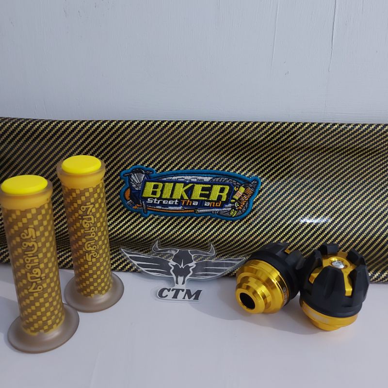 [PAKET GOLD] Sarung Kulit Jok Biker Karbon / Grip Karbon / Jalu As Roda Depan - GOLD