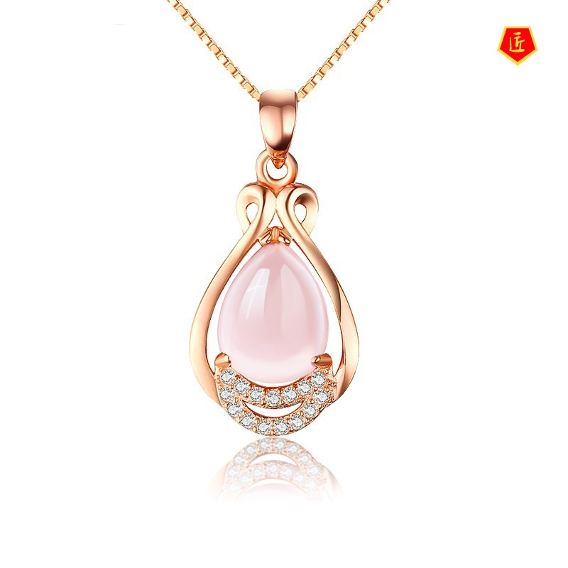 [Ready Stock]Korean Necklace Rose Gold Plated Pink Crystal Women's Pendant Elegant Fashion