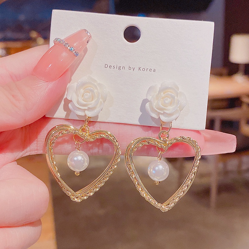 Shuling S925 silver needle Women Earrings Retro Flower Heart-shaped Pearl Earrings Fashion Drop Earrings