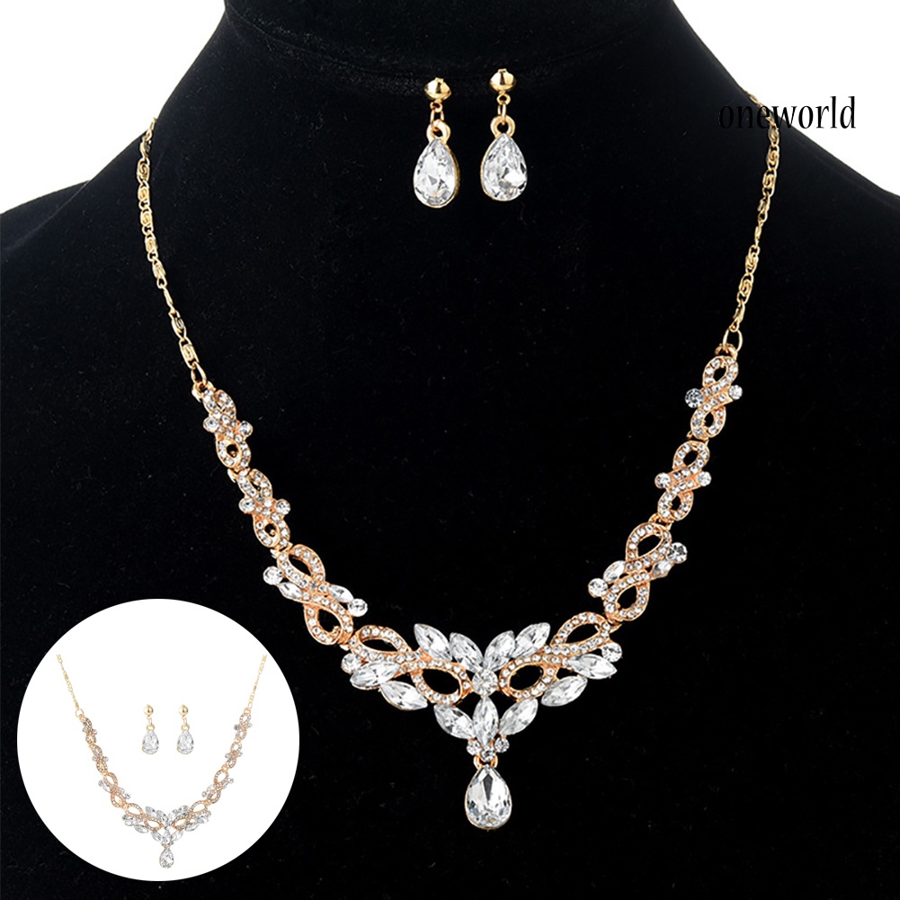 OW@ Fashion Jewelry Set Women Rhinestone Drop Hollow 8 Pendant Earrings Necklace