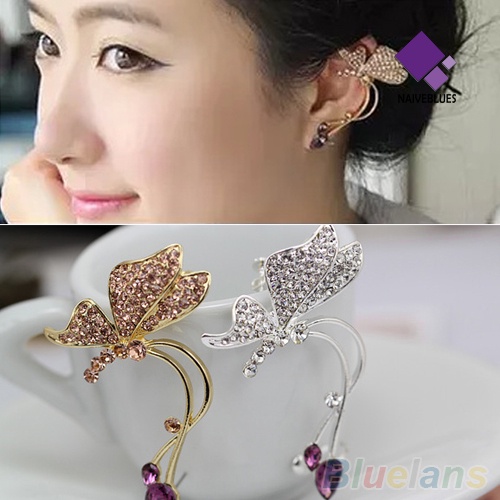 1pc Anting Stud Bentuk Kupu-Kupu Aksen Kristal Untuk Telinga Kiri Wanita