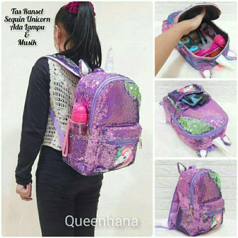 Tas Sequin Unicorn Tanduk / Tas Ransel Sequin Unicorn / Tas Ransel Anak Sekolah