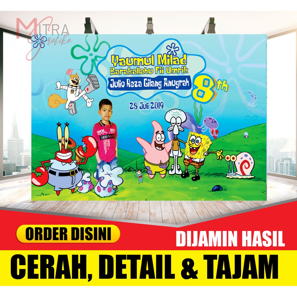 Banner Backdrop Ulang Tahun Anak - Spanduk Ultah  SpongeBob SquarePants