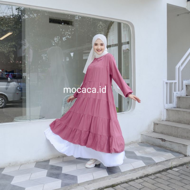 midi dress kerah collar busui friendly 5 susun pink rose broken white hitam putih bersih tulang sleting depan long tunik