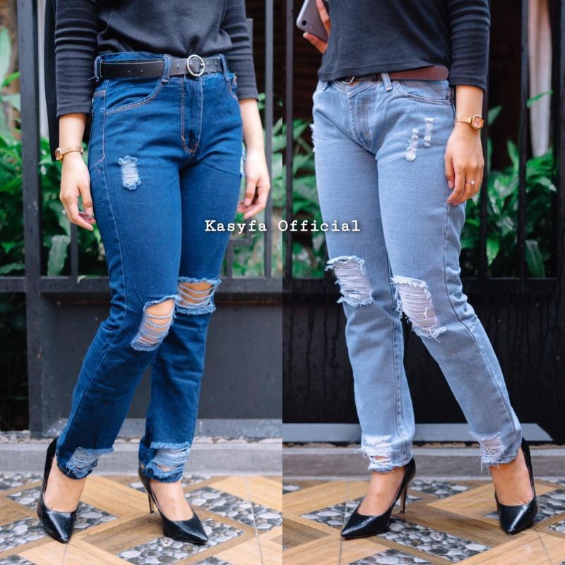 Celana jeans wanita Boyfrend sobek lapis kotak bawah