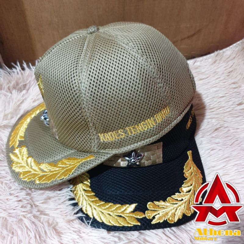 Topi jaring lurah | Topi kades warna Khaki dan Hitam free bordir nama dan melati logam