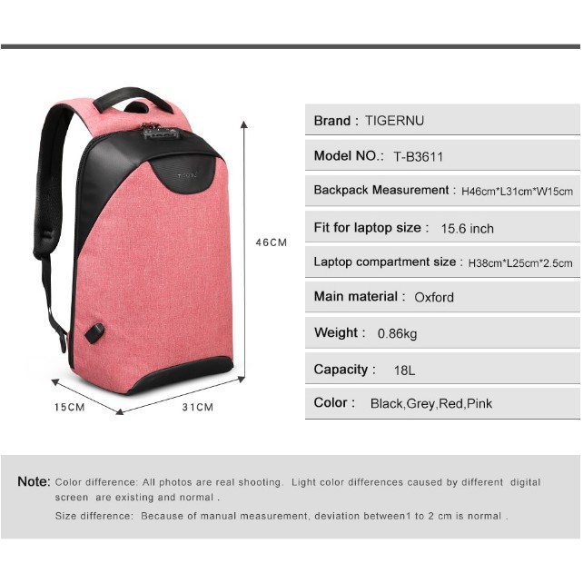 TIGERNU Anti Theft Backpack with Padlock Combination ORIGINAL 100% - T-B3611 beverra