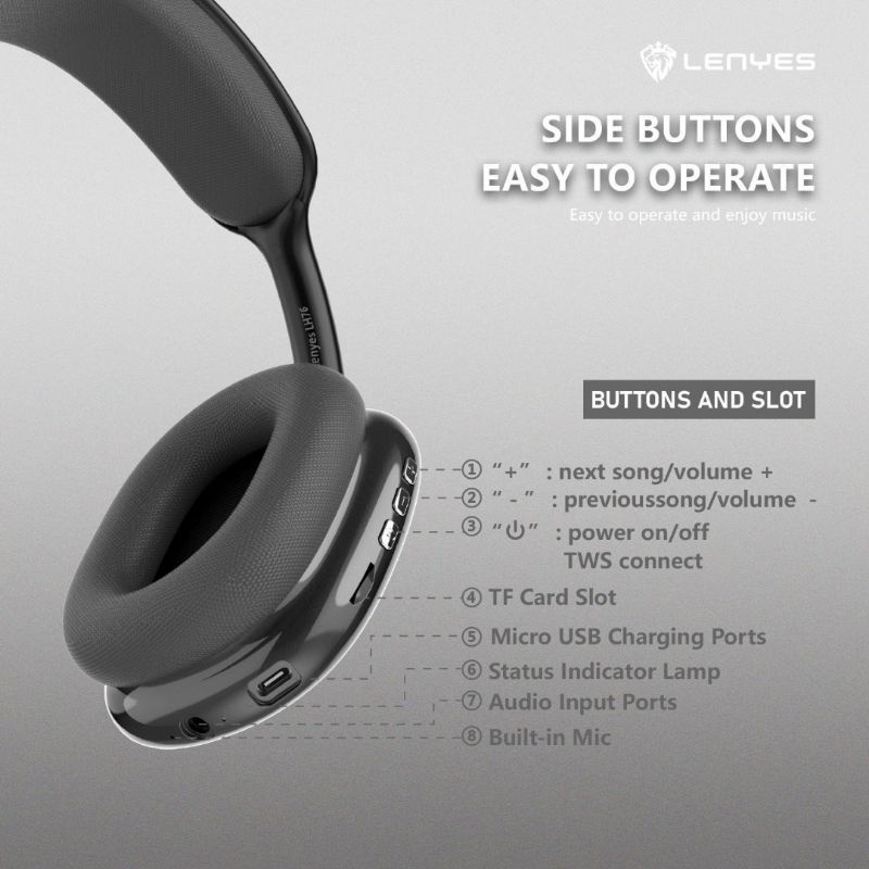 Headset Bando Bluetooth Wireless LED Lenyes LH76 Original HIFI Stereo