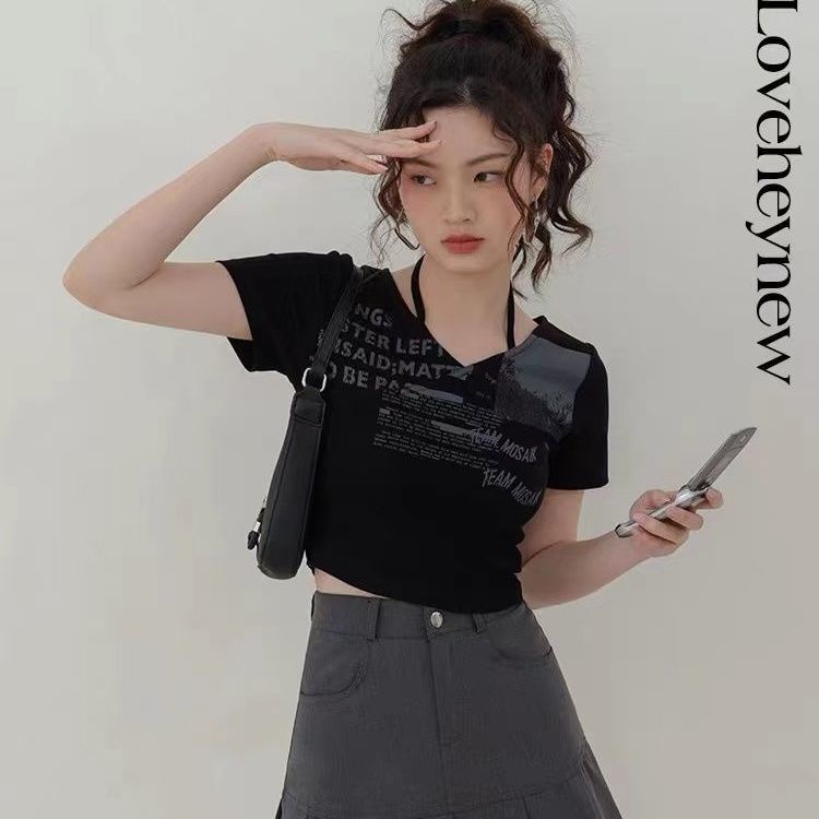 Loveheynew Amerika Retro Cetak Renda Halter Leher T-shirt Wanita Niche Gadis Panas Pendek Slim Lenga