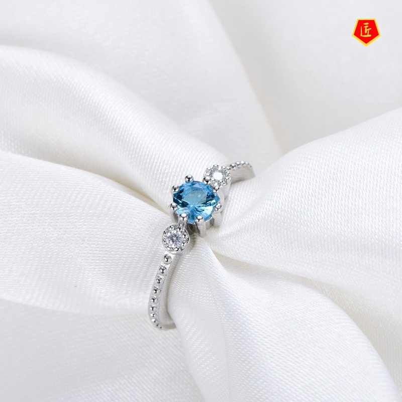 [Ready Stock]Simple Personality 925 Silver Sea Blue Diamond Ring