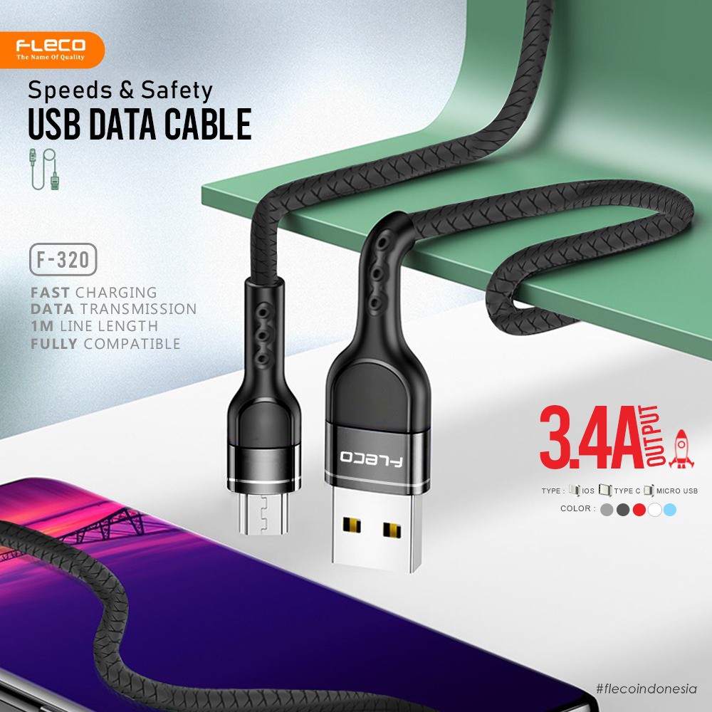 Kabel Data FLECO F-320 SAFE &amp; SPEED 3.4a quick charge qualcomm 0.3 FLECO F320 - MICRO-USB / TYPE-C / iphone