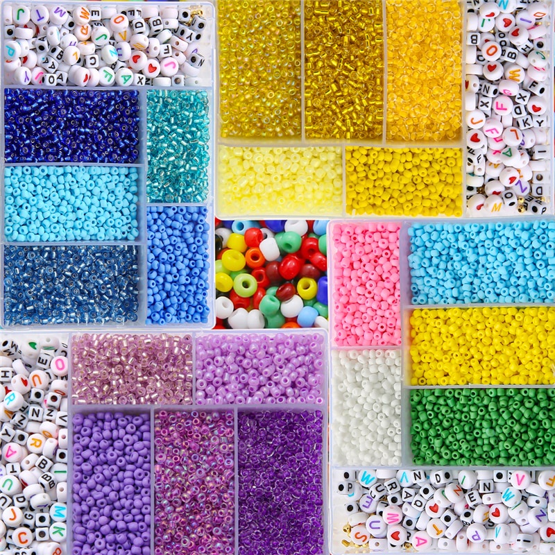 3500Pcs/box 3mm Glass Seed Beads Plastic Alphabet Letter Heart Beads with 5M Elastic Cord Mix Kits For Jewelry DIY Bracelet Make