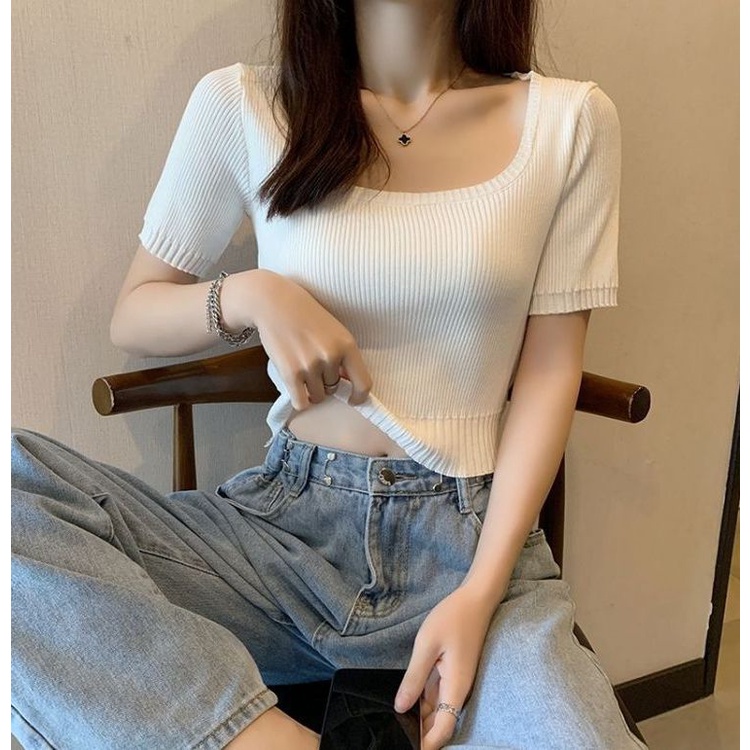 #Sisjuly# Musim Semi Putih Kemeja Wanita Gugur dan Musim Dingin Memakai Batin Tipis Ketat Square Kerah Lengan