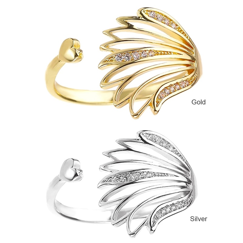 Fashion Zirkon Cinta Hati Sayap Terbuka Cincin Untuk Wanita Hip-hop Berongga Bulu Jari Telunjuk Cincin Permen Perhiasan