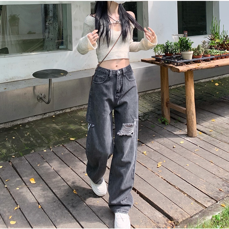 Korean Style Retro Robek Highwaist Celana Jeans Wanita Loose --Jeans Robek Cewek（realpict）