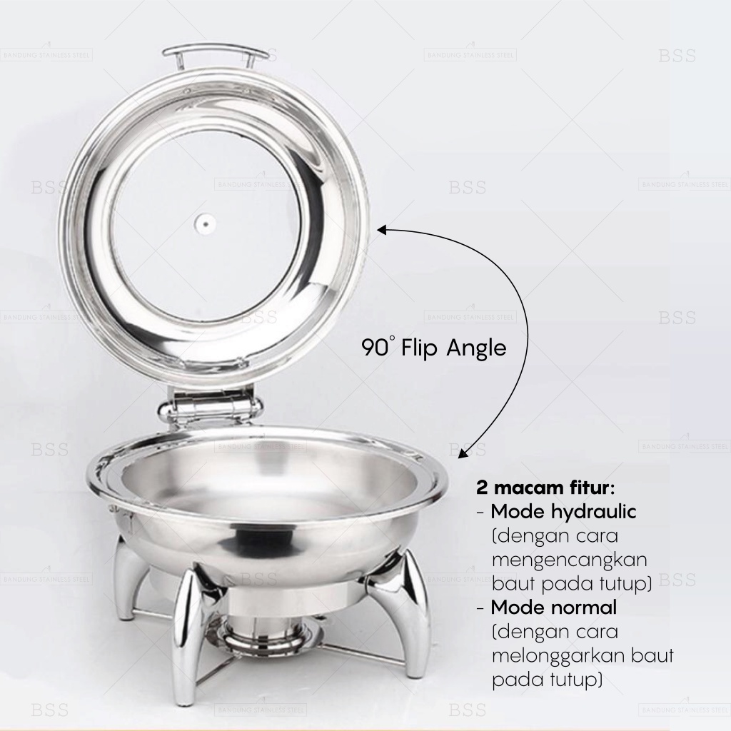 Chafing Dish Hidrolik Hydraulic 6L Prasmanan Stainless Kaca Tebal Kotak Bulat Wadah Tempat Makanan Saji Mewah Elegan