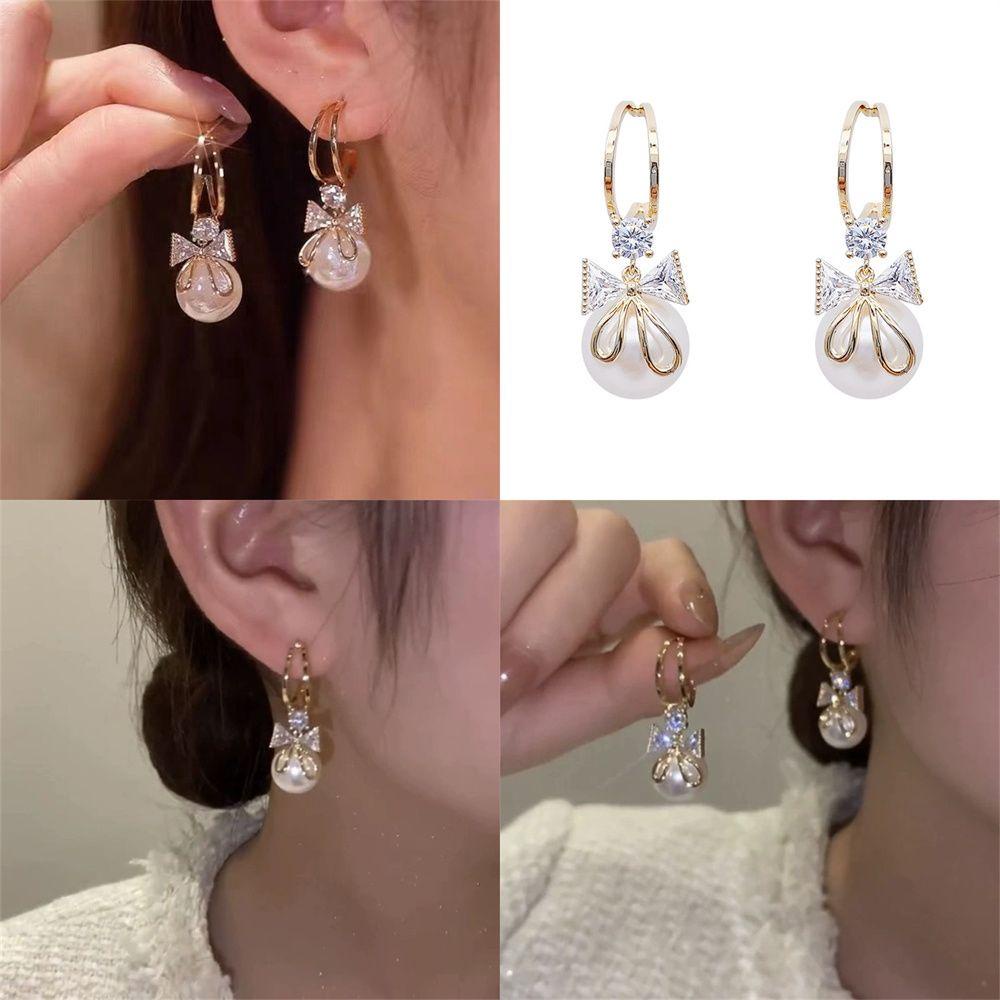 Lily Bow Pearl Earrings Hadiah Perhiasan Berlian Sederhana Bentuk C