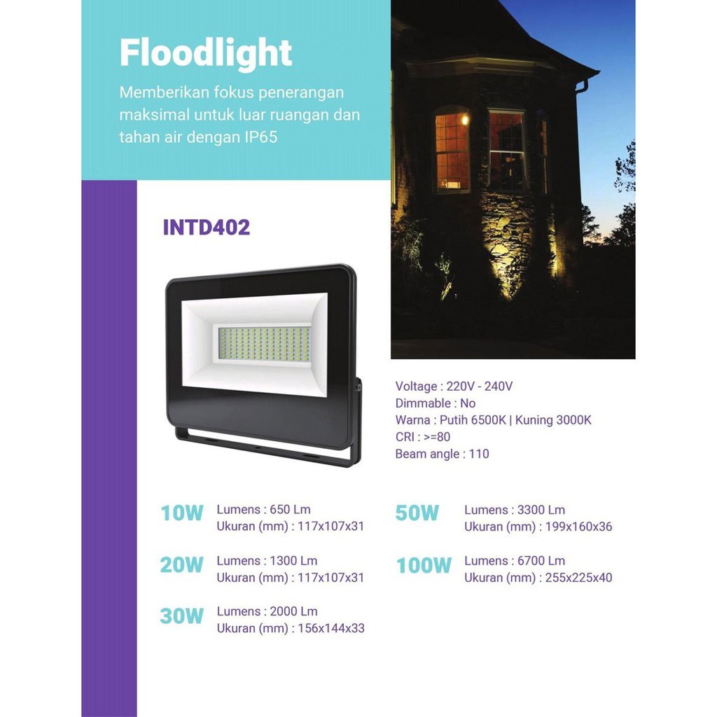 Lampu Sorot LED-Flood Light 10W INTD401 Intech - 20W 30W 50W 100W INTD402 Terang