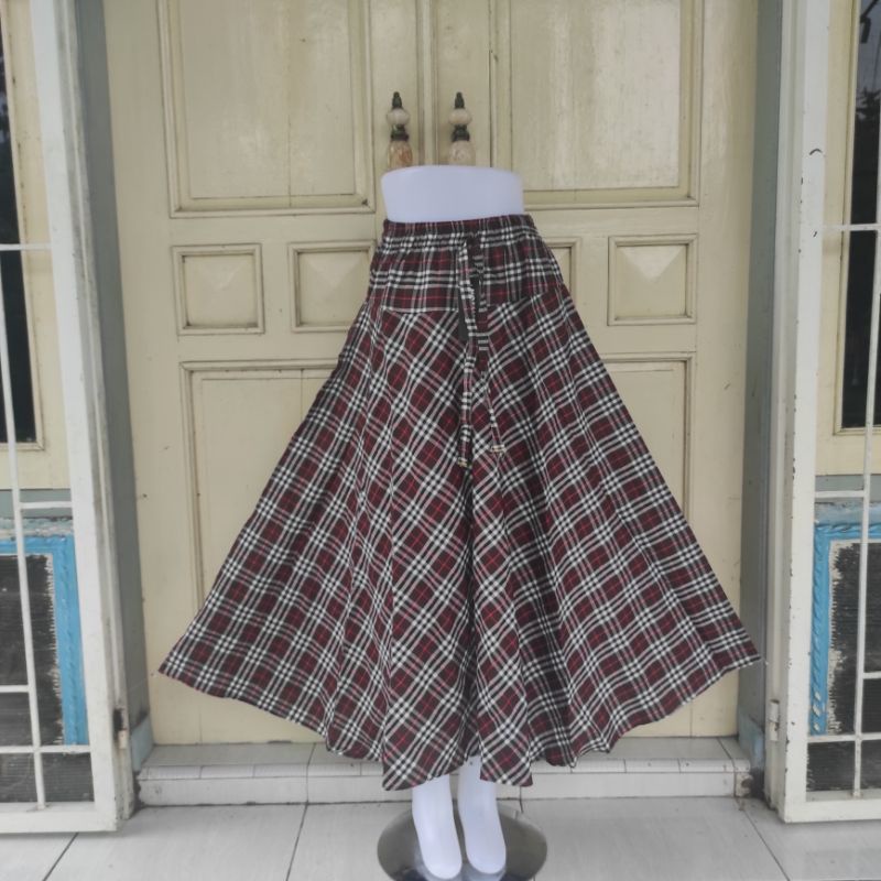 (BISA COD)ROK PAYUNG/ROK KATUN LEBAR/MOTIF BURBERRY-Coklat