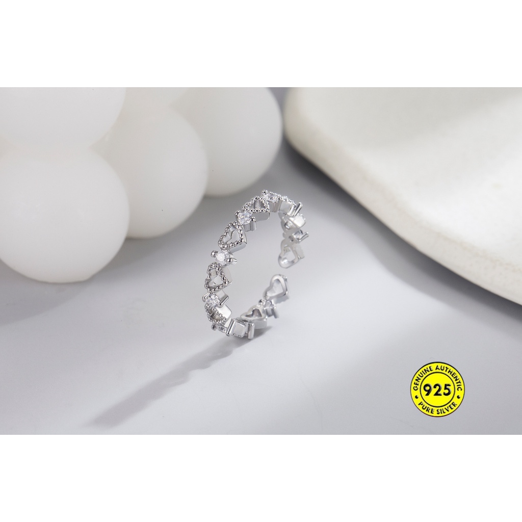 Cincin Model Terbuka Bahan Sterling Silver 925 Desain Hati Hollow Hias Berlian Untuk Wanita