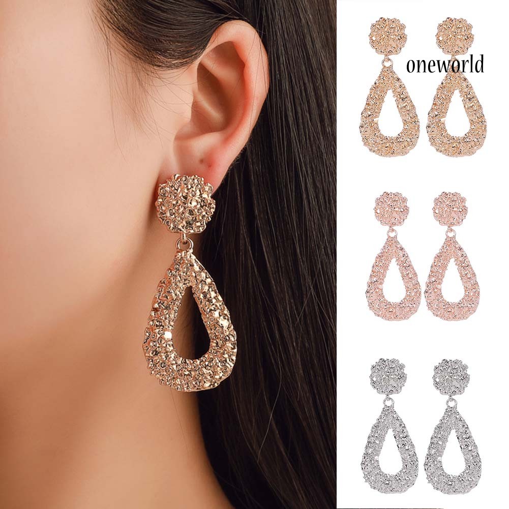 OW@ Bohemia Women Geometric Emboss Hollow Teardrop Dangle Stud Earrings Jewelry Gift