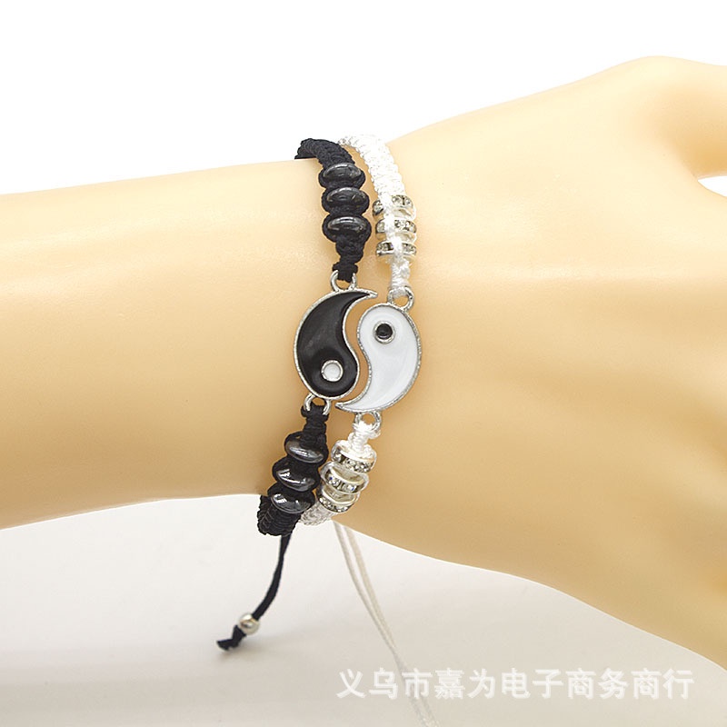 Gelang Berlian Bahan Alloy Warna Hitam Dan Putih | Gelang Tali Tangan Model Kepang Untuk Pria Dan Wanita