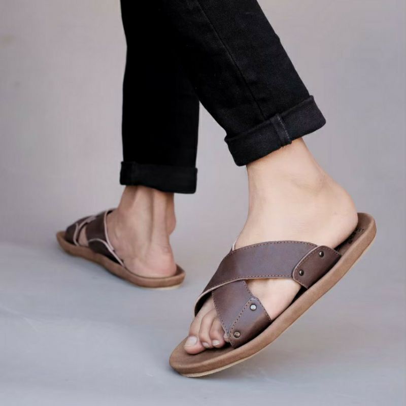 XMIN | Sandal Kulit Pria Murah Sendal Slide Slop Santai Kasual Formal