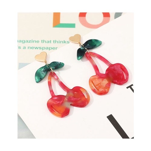 LRC Anting Tusuk Fashion Red Cherry Resin Alloy Contrast Stud Earrings K01108