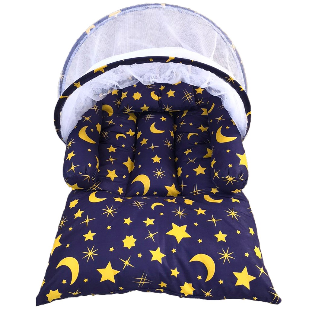 Tempat Tidur Bayi Lipat Berkelambu Motif Sunny Farm Kain Katun | Kasur Bayi Lipat | Matras Bayi-7.starmoon navy