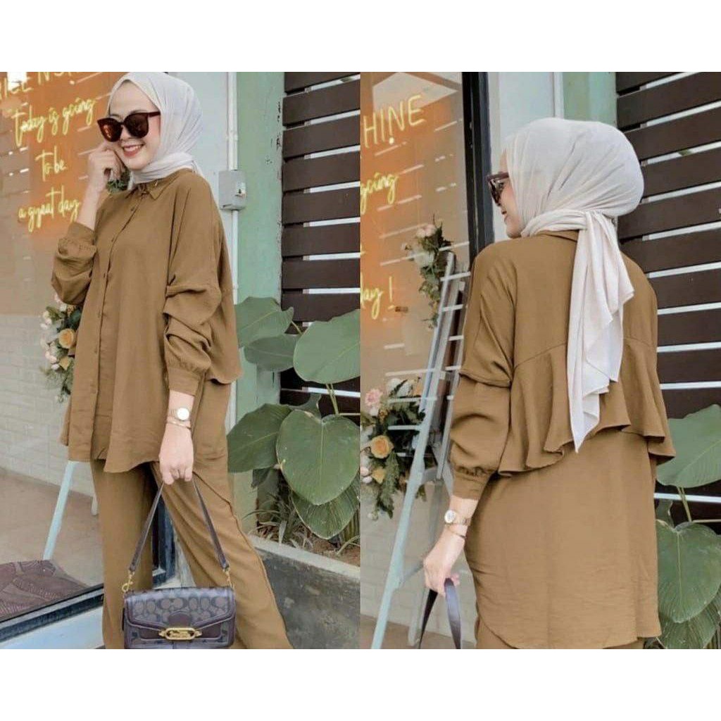 Audia Set - One Set Wanita Import Crinkle Airflow Premium Setelan Wanita Celana Lengan Panjang Baju Wanita Kekinian LD 120 cm