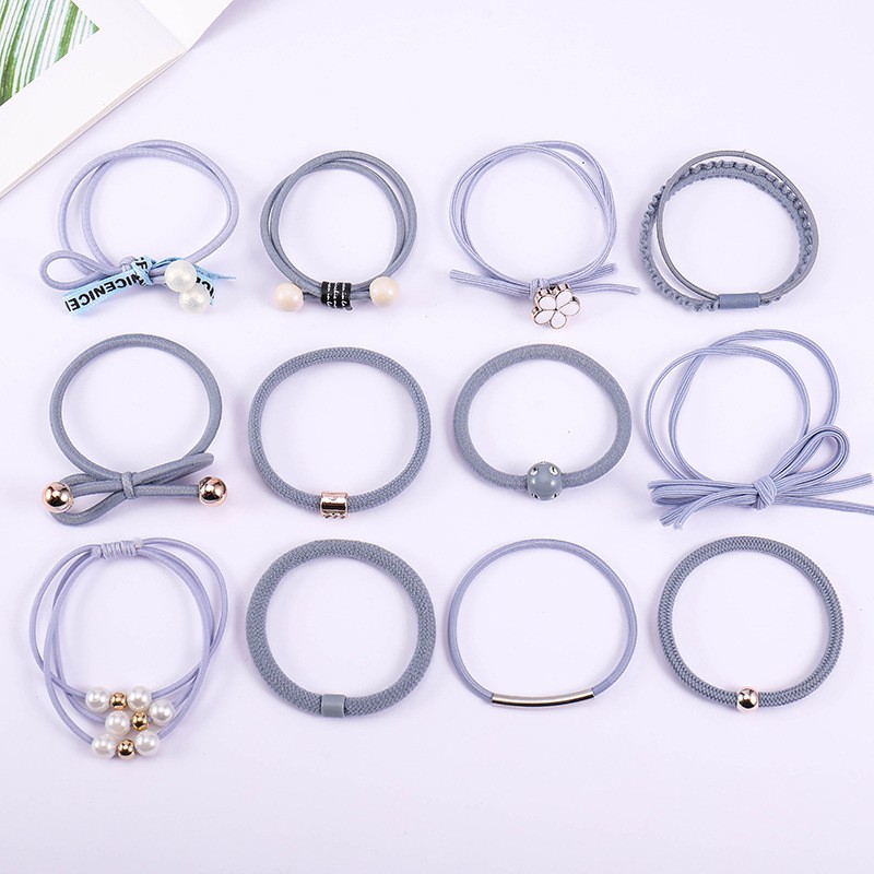 Ikat Rambut Karet Simple Wanita Gaya Korea 12 in 1 Aksesoris Rambut Wanita-Biru Muda