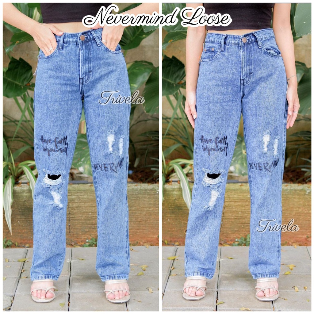 Boyfriend Panjang Loose Sobek Bordir / Boyfriend Loose Gaya Korea / Nevermind