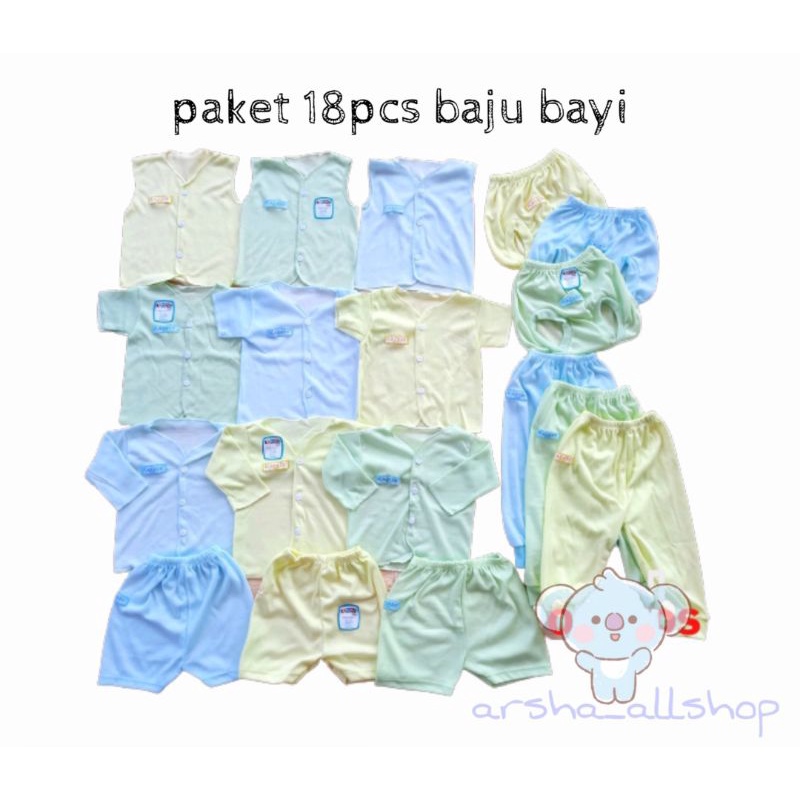 Baju Bayi Baru Lahir Newborn Laki Laki Perempuan Paket 18pcs  Polos SNI Lembut
