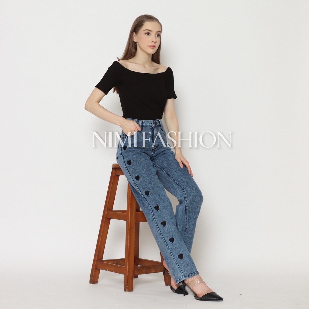 Nimi Celana Jeans High Waist Wanita Loose Jeans Love