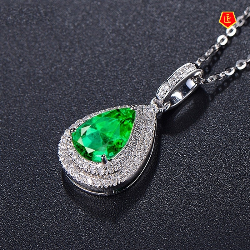 [Ready Stock]Pear-Shaped Emerald Colored Gems Pendant European and American Luxury