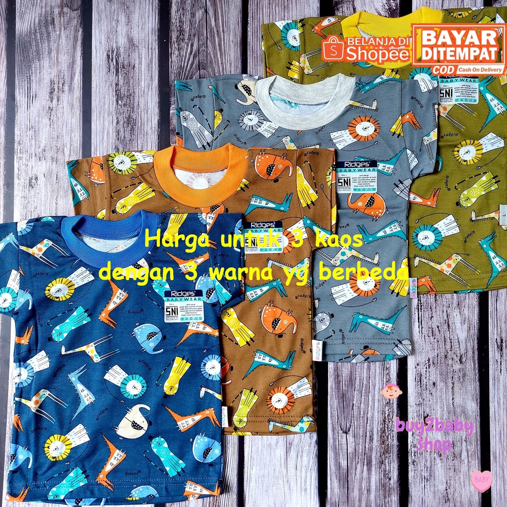 Ridges baju bayi kaos oblong warna motif Animal series 0-12 Bulan isi 3 Kaos