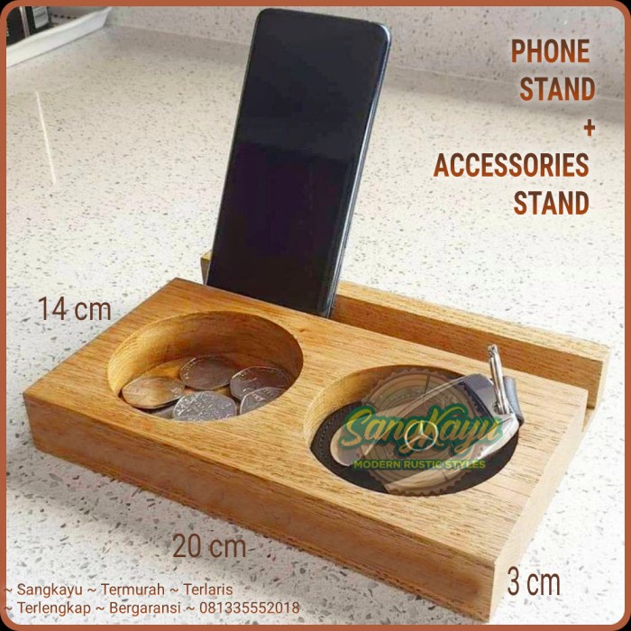 Docking phone stand + Tempat aksesoris Tempat koin dudukan handphone - KAYU MAHONI