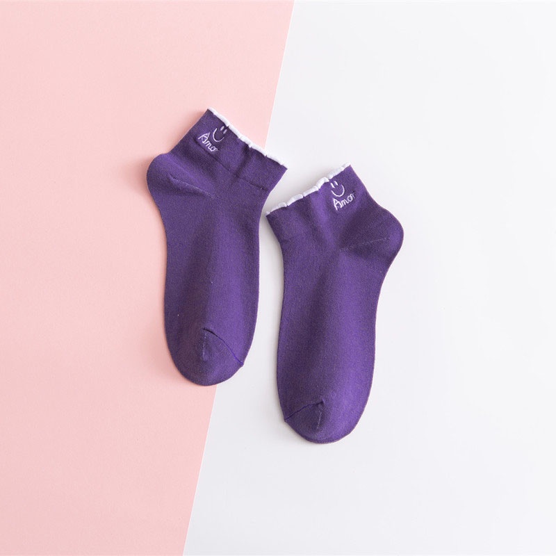OVERFLOWS.ID Kaos Kaki Import Mata Kaki Ankle Sock Pendek Wanita Remaja Motif Smile Gelombang Kaos kaki Miki Lucu-SMILE UNGU