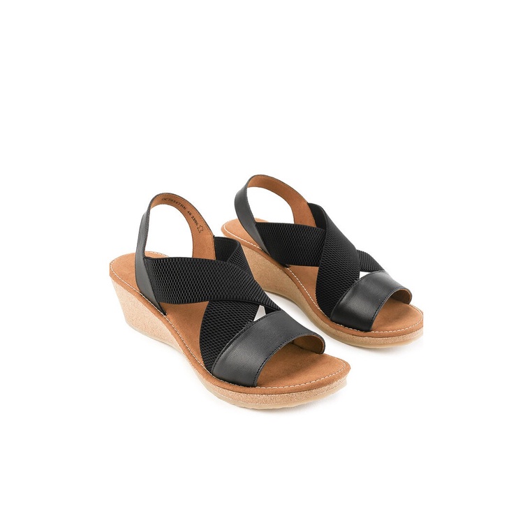 SANDAL WEDGES WANITA OBERMAIN ORIGINAL SLINGBACK KULIT ASLI HITAM OM61