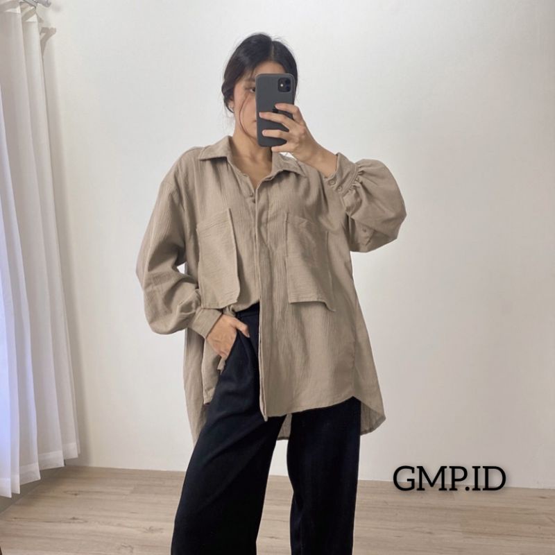 Kemeja Wanita Import Linen Oversize Crinkle Lengan Panjang Wanita Kemeja Polos