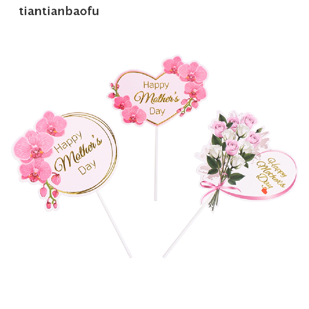 [tiantianbaofu] 10pcs Happy Mother`s Day Cake Topper Pink Heart Flower Rose Toppers Cupcake Dess Boutique